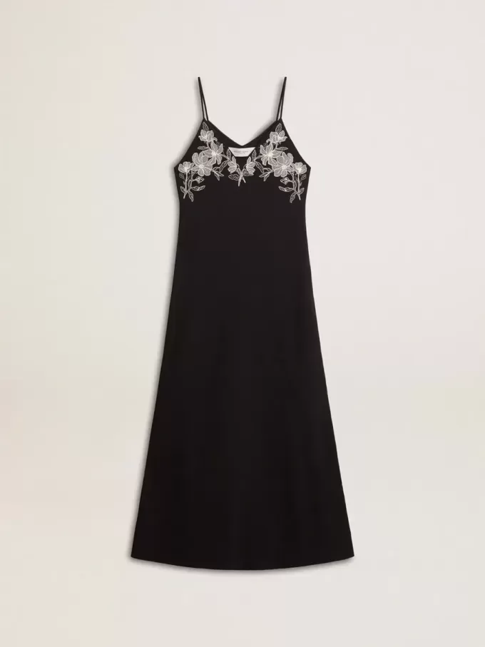 Vestido lencero negro con bordados para mujer
