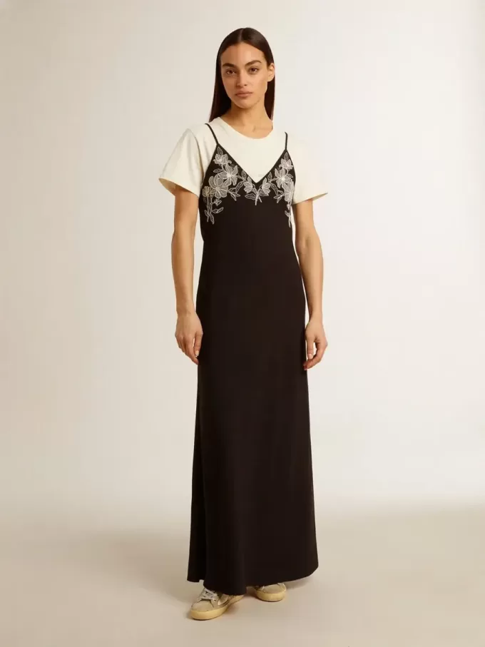 Vestido lencero negro con bordados para mujer