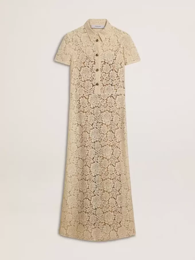 Vestido midi de mujer en encaje transparente color crema Vestido midi de mujer en encaje transparente color crema