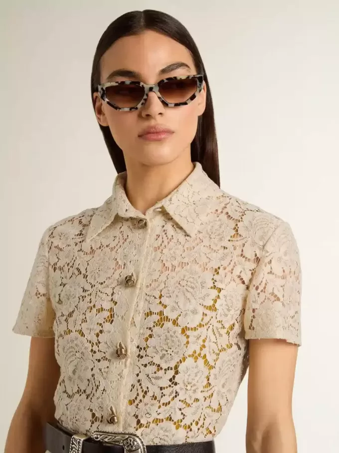 Vestido midi de mujer en encaje transparente color crema Vestido midi de mujer en encaje transparente color crema