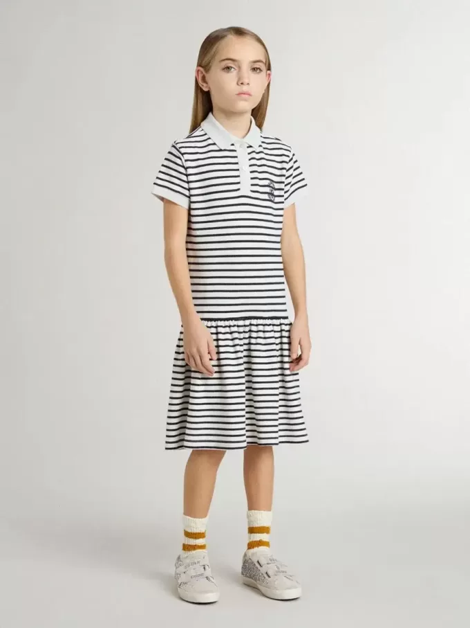 Vestido midi para niña en mezcla de algodón a rayas con bordados