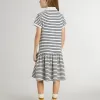 Vestido midi para niña en mezcla de algodón a rayas con bordados