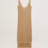 Vestido midi sin mangas para mujer en croché beige con flecos
