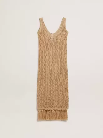 Vestido midi sin mangas para mujer en croché beige con flecos