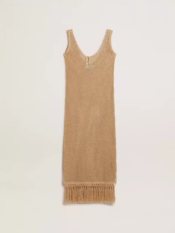 Vestido midi sin mangas para mujer en croché beige con flecos