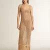 Vestido midi sin mangas para mujer en croché beige con flecos