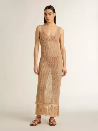 Vestido midi sin mangas para mujer en croché beige con flecos