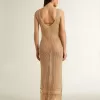 Vestido midi sin mangas para mujer en croché beige con flecos