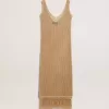 Vestido midi sin mangas para mujer en croché beige con flecos