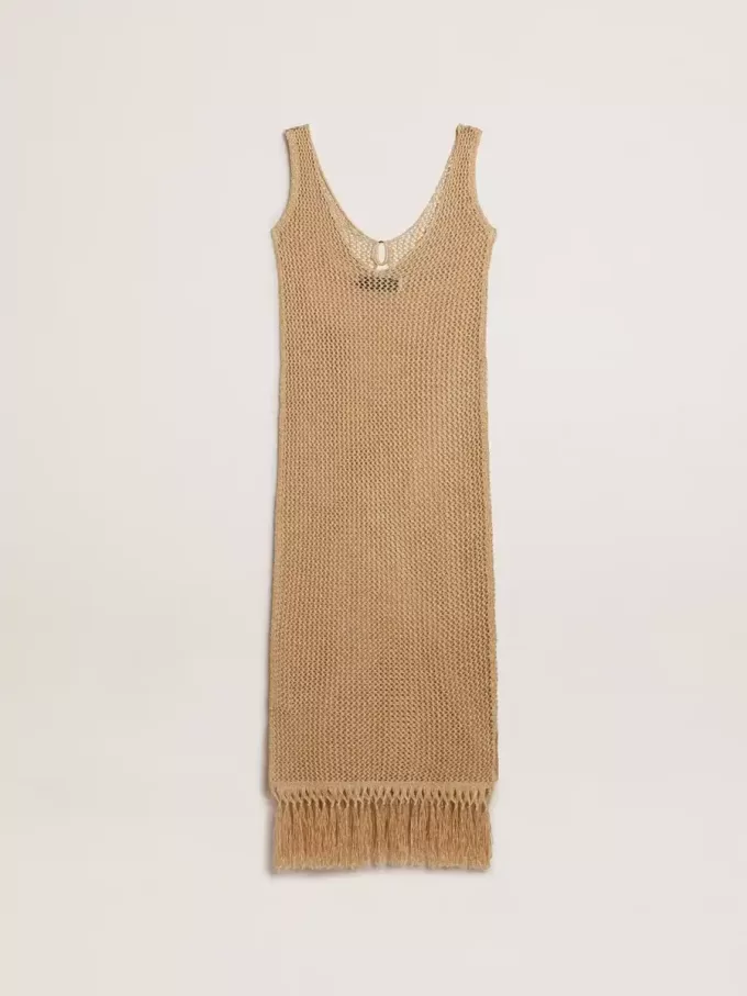 Vestido midi sin mangas para mujer en croché beige con flecos