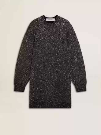 Vestido negro de cuello redondo para mujer con lentejuelas plateadas por toda la prenda