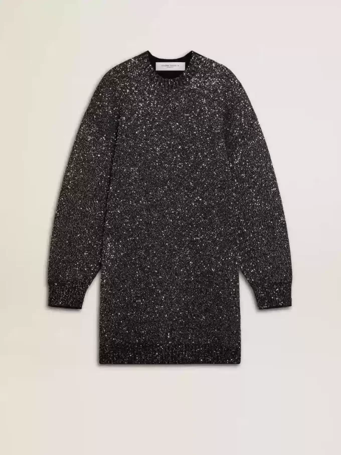 Vestido negro de cuello redondo para mujer con lentejuelas plateadas por toda la prenda