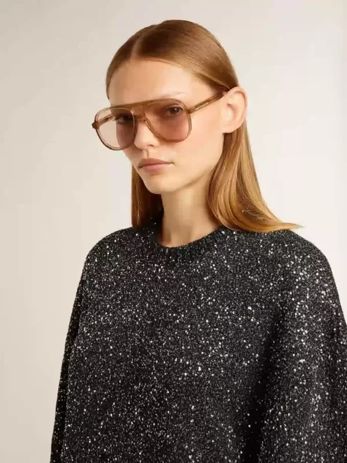 Vestido negro de cuello redondo para mujer con lentejuelas plateadas por toda la prenda