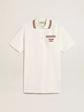 Vestido polo Oasis para mujer en jersey perforado blanco con rayas burdeos