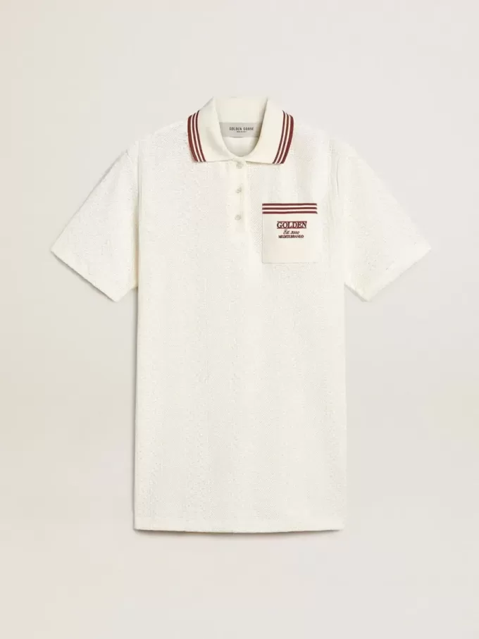 Vestido polo Oasis para mujer en jersey perforado blanco con rayas burdeos Vestido polo Oasis para mujer en jersey perforado blanco con rayas burdeos