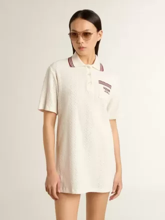 Vestido polo Oasis para mujer en jersey perforado blanco con rayas burdeos