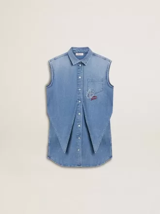 Vestido vaquero para niña con lazo delantero y bordados