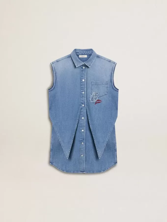 Vestido vaquero para niña con lazo delantero y bordados