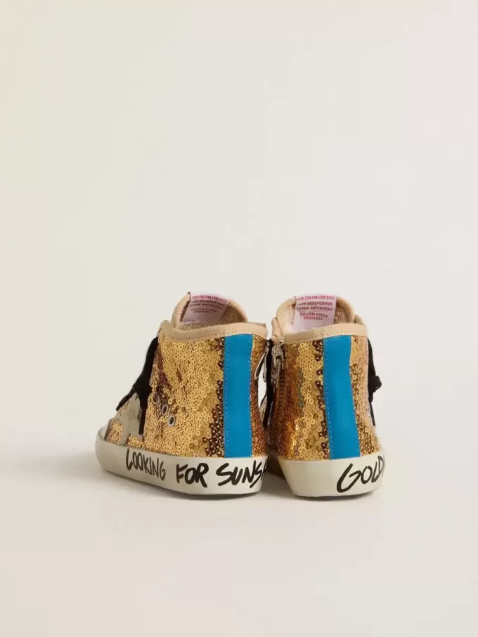 Young Francy Penstar en lentejuelas doradas con estrella de ante gris hielo Young Francy Penstar en lentejuelas doradas con estrella de ante gris hielo