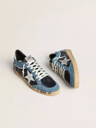 Zapatillas Ball Star para hombre en ante azul con estrella y lengüeta en el talón de piel plateada Zapatillas Ball Star para hombre en ante azul con estrella y lengüeta en el talón de piel plateada