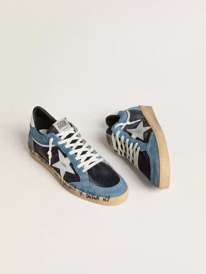 Zapatillas Ball Star para hombre en ante azul con estrella y lengüeta en el talón de piel plateada Zapatillas Ball Star para hombre en ante azul con estrella y lengüeta en el talón de piel plateada