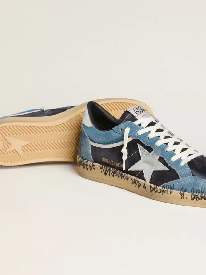 Zapatillas Ball Star para hombre en ante azul con estrella y lengüeta en el talón de piel plateada Zapatillas Ball Star para hombre en ante azul con estrella y lengüeta en el talón de piel plateada