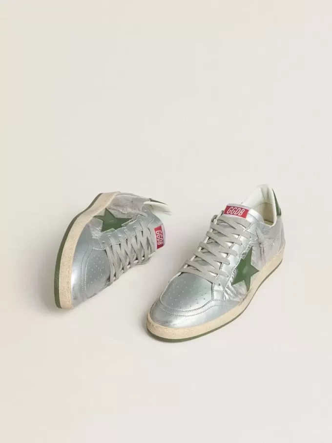 Zapatillas Ball Star para hombre en nailon plateado con estrella y lengüeta en el talón de cuero verde