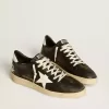 Zapatillas Ball Star para hombre en napa negra con estrella y lengüeta en el talón de cuero blanco