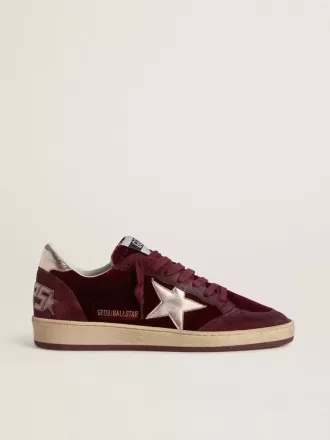 Zapatillas Ball Star para mujer en terciopelo burdeos con estrella y lengüeta en el talón de piel metalizada dorada