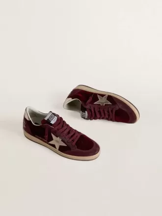 Zapatillas Ball Star para mujer en terciopelo burdeos con estrella y lengüeta en el talón de piel metalizada dorada