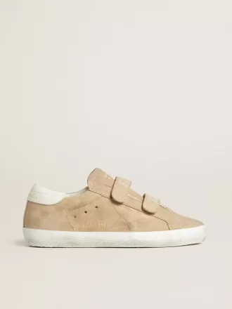 Zapatillas Old School para mujer en ante beige con lengüeta de cuero blanco en el talón