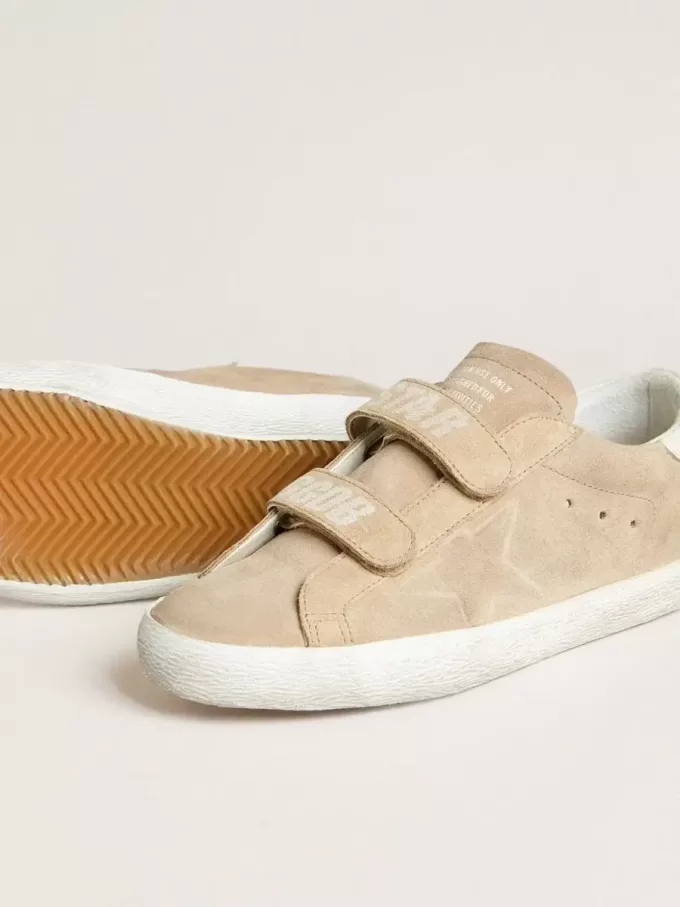 Zapatillas Old School para mujer en ante beige con lengüeta de cuero blanco en el talón