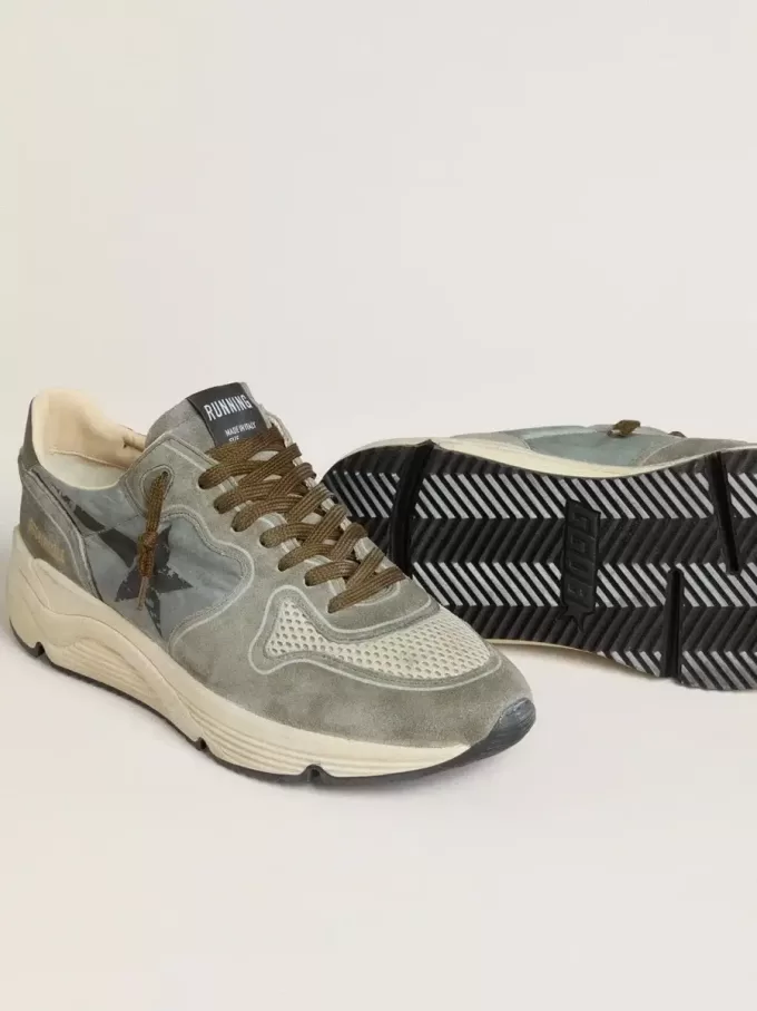 Zapatillas Running Sole para hombre en nailon azul claro con estrella negra y lengüeta de cuero verde en el talón