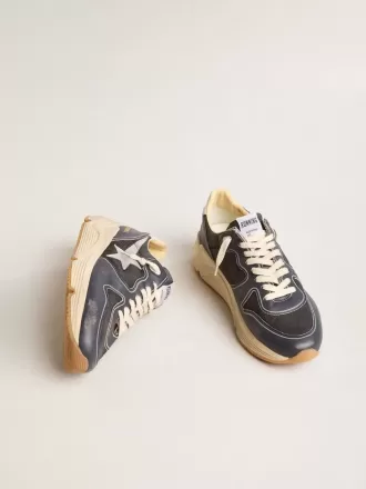 Zapatillas Running Sole para hombre en piel napa azul oscuro y nailon negro con estrella plateada
