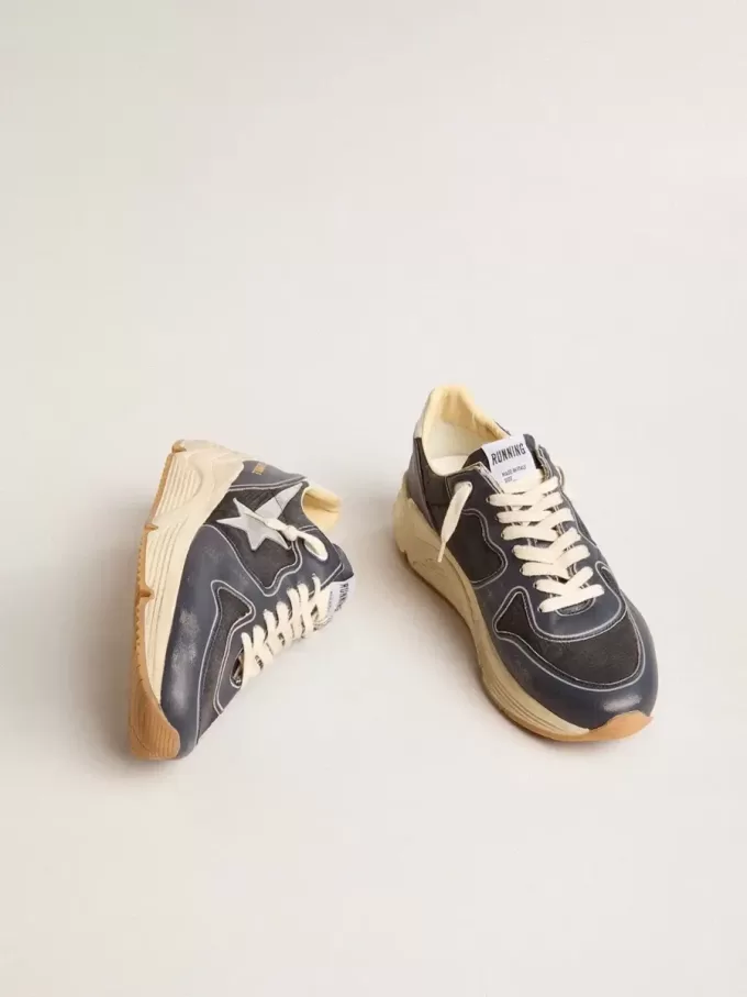 Zapatillas Running Sole para hombre en piel napa azul oscuro y nailon negro con estrella plateada