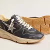 Zapatillas Running Sole para hombre en piel napa azul oscuro y nailon negro con estrella plateada