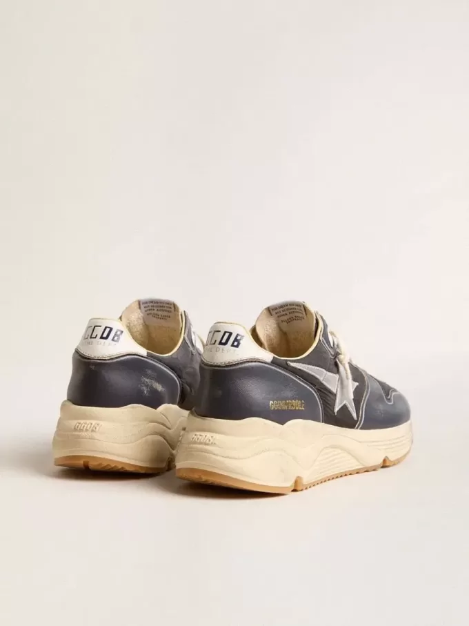 Zapatillas Running Sole para hombre en piel napa azul oscuro y nailon negro con estrella plateada