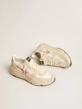 Zapatillas Running Sole para mujer en nailon beige con estrella y lengüeta en el talón de piel rosa