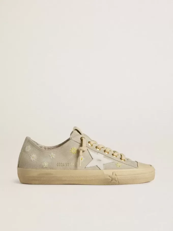 Zapatillas V-Star para mujer en ante gris hielo con estrella de cuero blanco y bordado floral